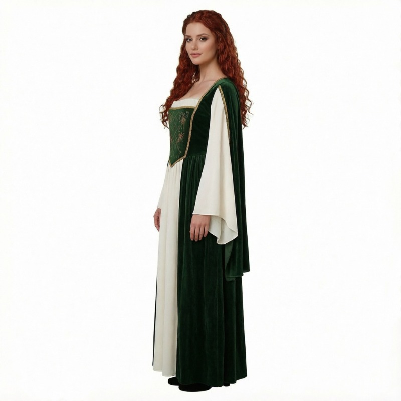 Medieval Renaissance Dress Women - 新作中世風コスプレ衣装、レトロな長袖プリントドレス、ルネサンスをテーマにしたパーティー用、大人女性向けロールプレイング衣装。