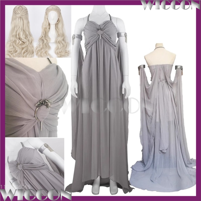 Medieval Renaissance Dress Women - 中世の儀式ドレス Daenerys 女性ドラゴン母女王ターガリエンアニメコスプレグレー服ブロンドかつらハロウィンロールプレイ