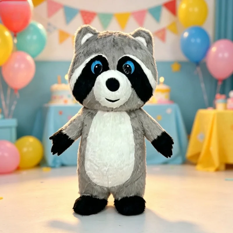 Costumes - グレーのふわふわ素材で作られた、空気で膨らませるタイプのアライグマの着ぐるみ。ハロウィン、クリスマス、パーティー、コスプレ、ストリートパフォーマンスなど、様々な場面で使える面白い衣装。